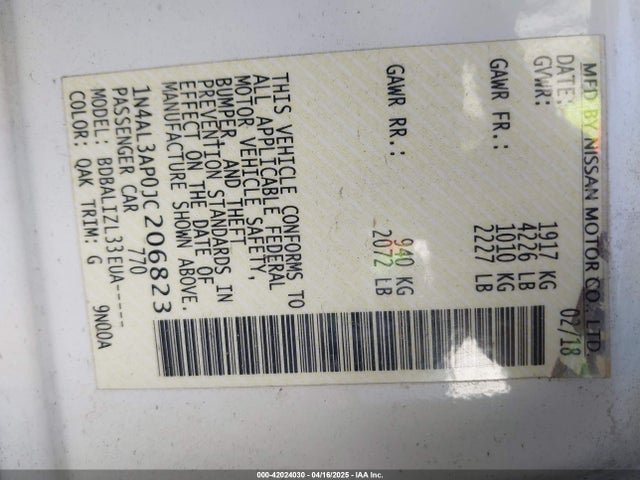 1N4AL3AP0JC206823 Nissan Altima 2.5 Sv