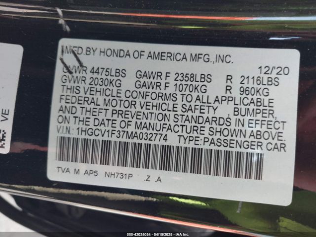 1HGCV1F37MA032774 Honda Accord Sport