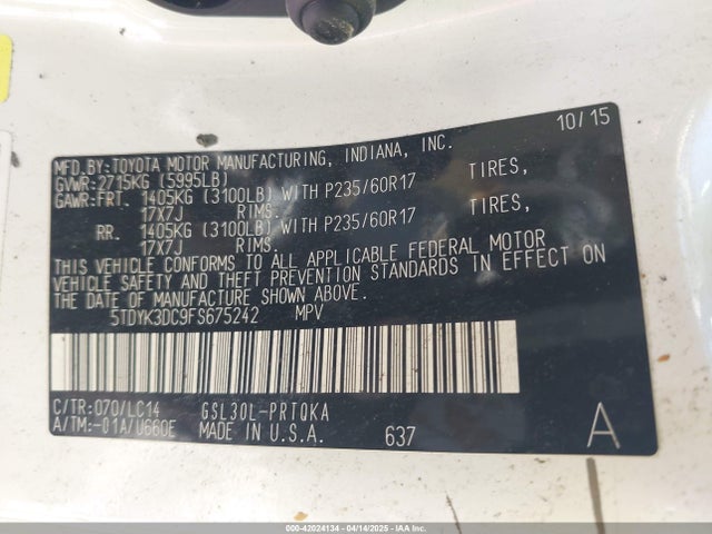 5TDYK3DC9FS675242 Toyota 2gr-fks