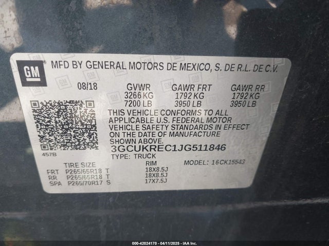 3GCUKREC1JG511846 Chevrolet Silverado K1500 Lt