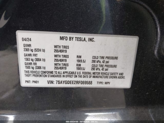 7SAYGDEE2RF069588 Tesla Model Y Long Range Dual Motor All-wheel Drive