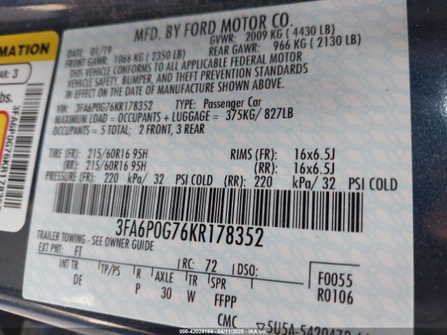 3FA6P0G76KR178352 Ford FUSION S