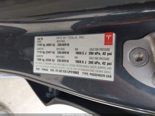 5YJ3E1EA7JF019962 Tesla Model 3 Long Range/mid Range