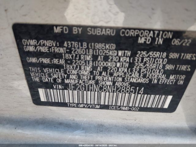 JF2GTHNC8NH288514 Subaru Crosstrek Limited