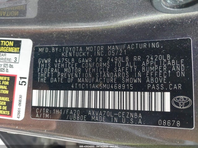 4T1C11AK5MU468915 Toyota CAMRY LE