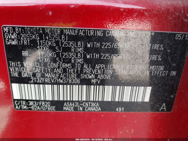 2T3ZFREV7HW378306 Toyota RAV4 LE