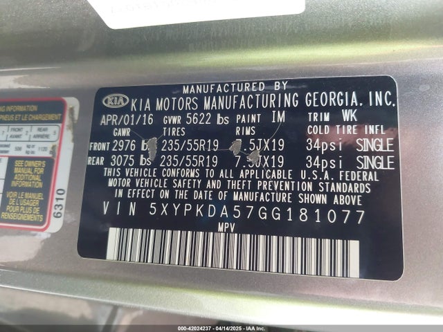 5XYPKDA57GG181077 KIA Sorento 3.3l Sxl