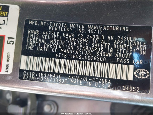 4T1B11HK9JU026300 Toyota CAMRY LE