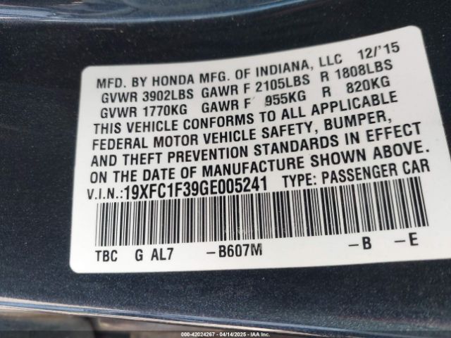 19XFC1F39GE005241 Honda Civic Ex-t