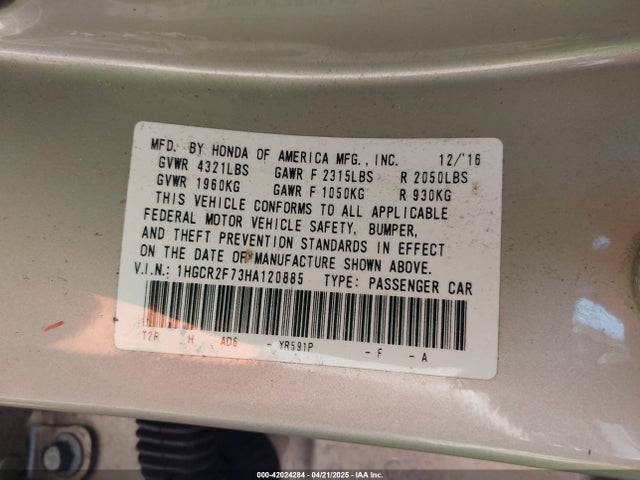 1HGCR2F73HA120885 Honda ACCORD EX