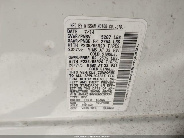 JN8AZ1MW5EW528334 Nissan Murano Le