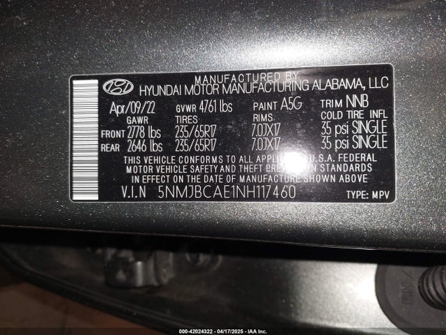 5NMJBCAE1NH117460 Hyundai TUCSON SEL