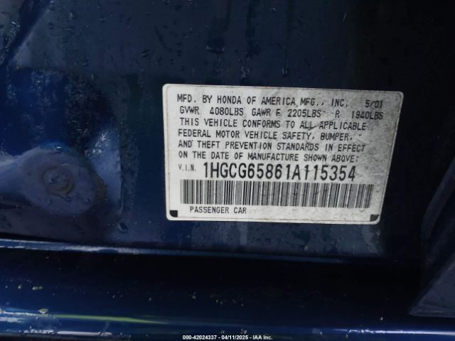 2001 HONDA ACCORD SDN 1HGCG65861A115354 Photo 8