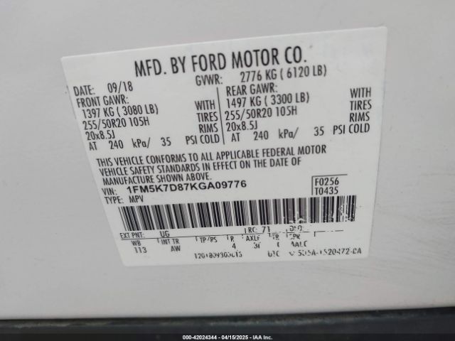 1FM5K7D87KGA09776 Ford EXPLORER XLT