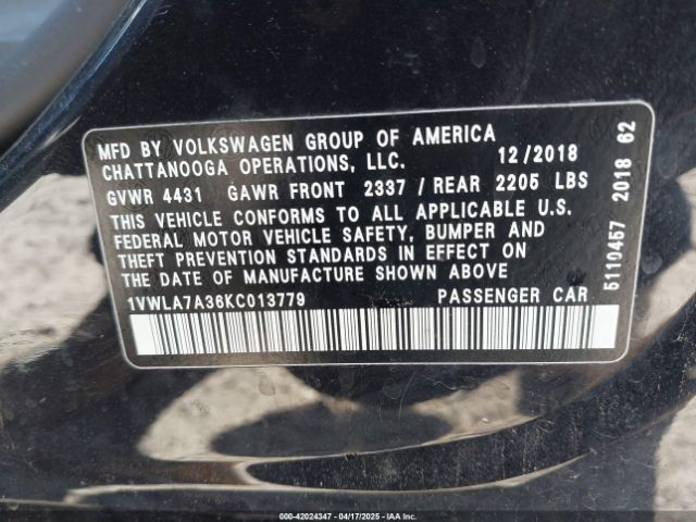 1VWLA7A36KC013779 Volkswagen Passat 2.0t Wolfsburg Edition