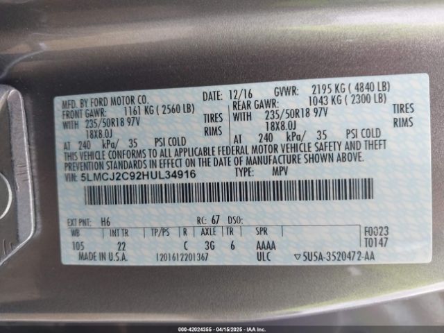 5LMCJ2C92HUL34916 Lincoln MKC SELECT