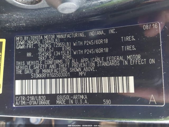 5TDKKRFH1GS503001 Toyota Highlander Xle V6