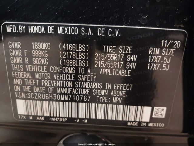 3CZRU6H30MM710767 Honda Hr-v Awd Lx