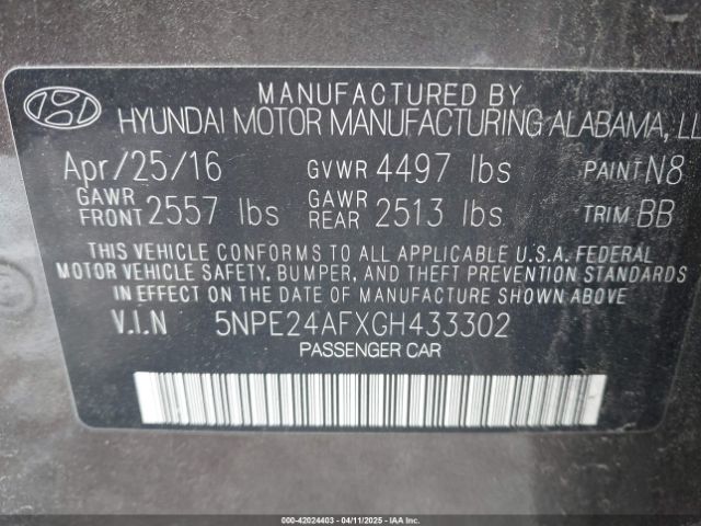 5NPE24AFXGH433302 Hyundai SONATA SE