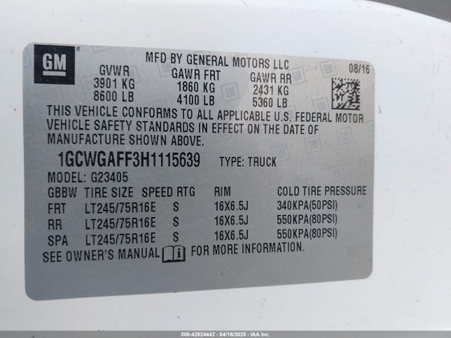 1GCWGAFF3H1115639 Chevrolet Express 2500 Work Van