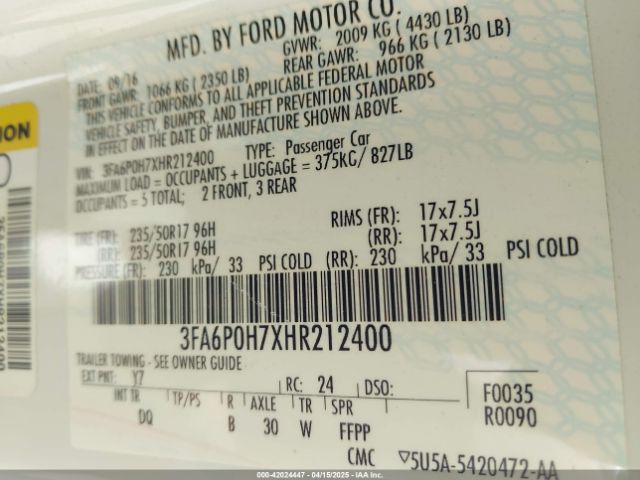3FA6P0H7XHR212400 Ford FUSION SE