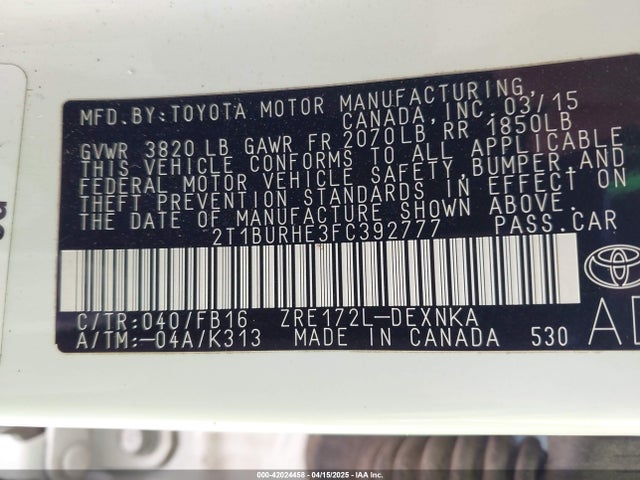 2T1BURHE3FC392777 Toyota COROLLA LE