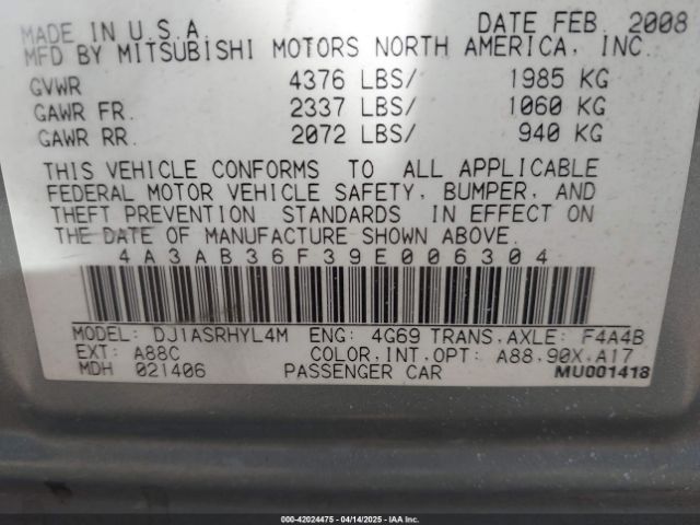 2009 MITSUBISHI GALANT 4A3AB36F39E006304 Photo 8