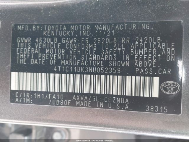 4T1C11BK3NU052359 Toyota Camry Le Awd