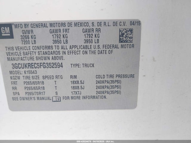 3GCUKREC5FG352594 Chevrolet Silverado 1500 2lt