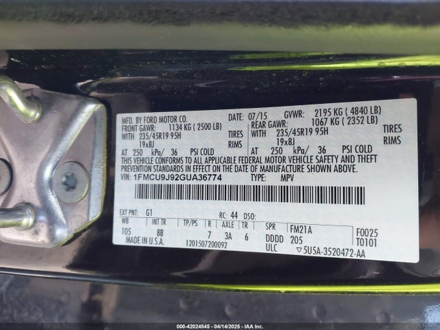 1FMCU9J92GUA36774 Ford 2016