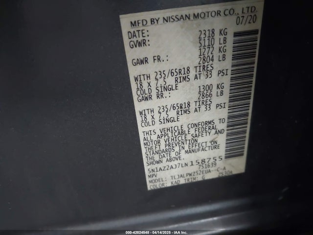 5N1AZ2AJ7LN158755 Nissan Murano S Fwd