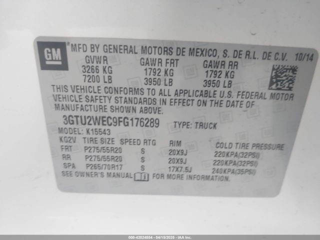 3GTU2WEC9FG176289 GMC l83 - vvt, active fuel management, aluminum