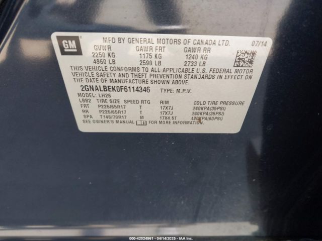 2GNALBEK0F6114346 Chevrolet EQUINOX 1LT