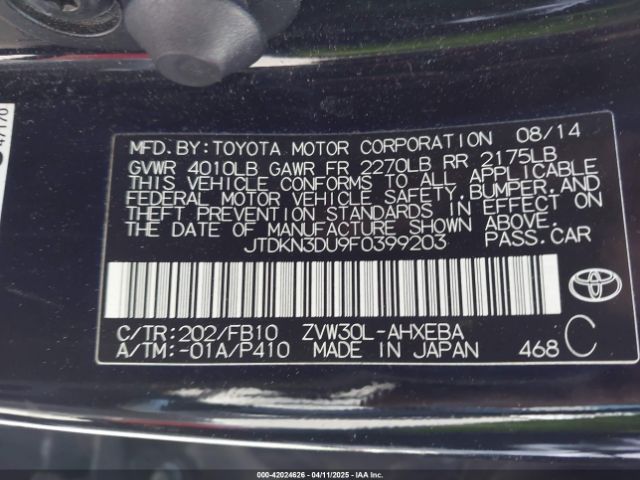 JTDKN3DU9F0399203 Toyota Prius Two
