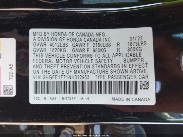 2HGFE1F71NH312953 Honda l15by