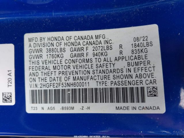 2022 HONDA CIVIC 2HGFE2F53NH600011 Photo 8