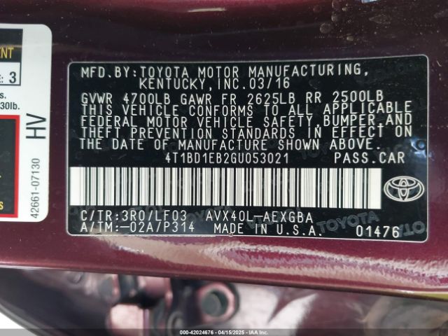 4T1BD1EB2GU053021 Toyota 2ar-fxe+2jm