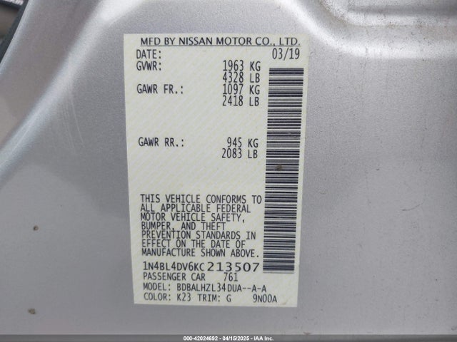 1N4BL4DV6KC213507 Nissan Altima 2.5 Sv