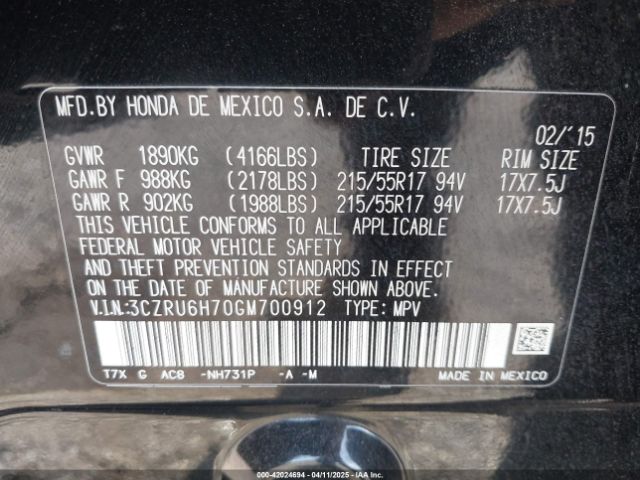 3CZRU6H70GM700912 Honda r18z9