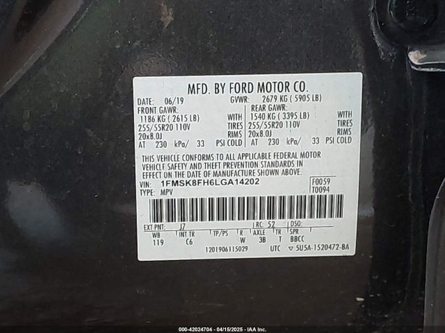 1FMSK8FH6LGA14202 Ford Explorer Limited