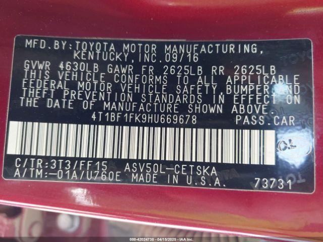 4T1BF1FK9HU669678 Toyota CAMRY SE