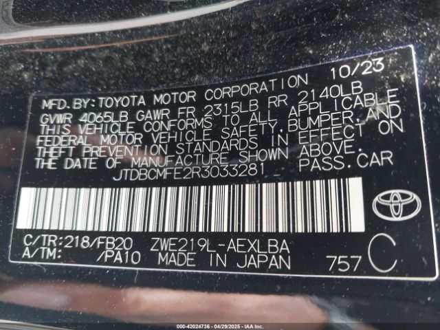 JTDBCMFE2R3033281 Toyota Corolla Hybrid Le