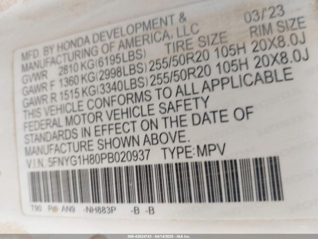5FNYG1H80PB020937 Honda Pilot Awd Elite