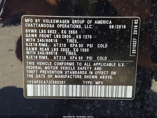 1V2AP2CA7JC580281 Volkswagen Atlas 2.0t S