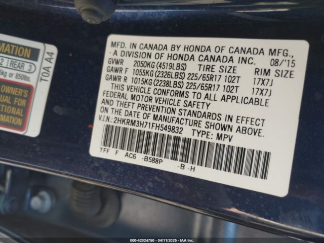 2HKRM3H71FH549832 Honda Cr-v Ex-l