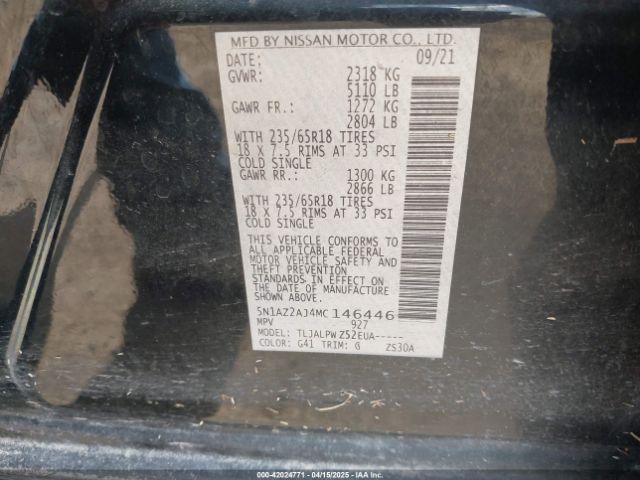 5N1AZ2AJ4MC146446 Nissan Murano S Fwd