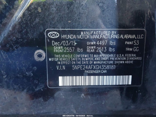 5NPE24AFXGH358181 Hyundai SONATA SE