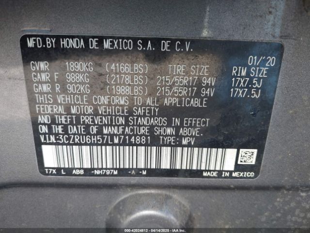 3CZRU6H57LM714881 Honda Hr-v Awd Ex