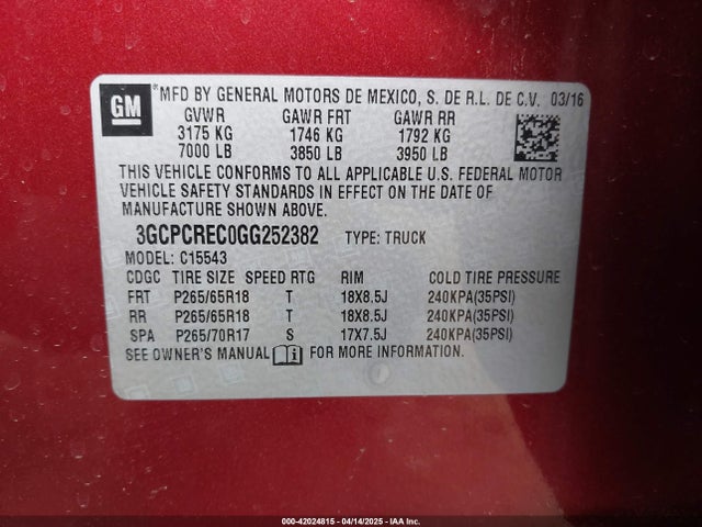 3GCPCREC0GG252382 Chevrolet Silverado 1500 1lt