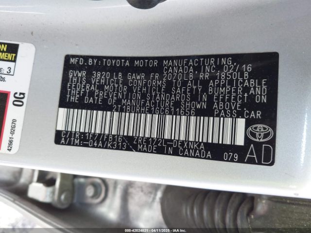 2T1BURHE1GC611656 Toyota COROLLA LE